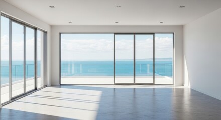 Modern, minimalist interior features a spacious, empty room bathed in natural light, with expansive floor-to-ceiling glass windows offering a stunning panoramic view of the calm, blue ocean and a...