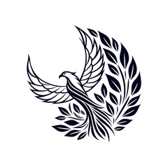 Elegant flying phoenix bird with leaf wings vector illustration in black and white