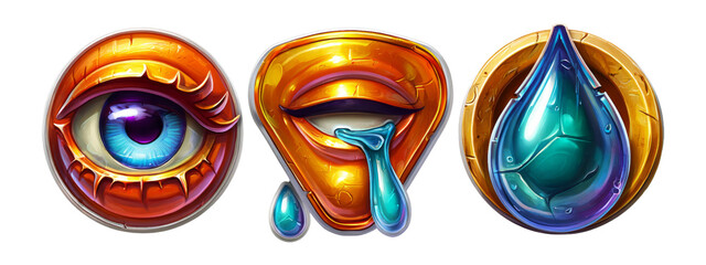 Glossy 3D Illustration of Eye, Mouth, and Water Drop Icons on Transparent Background