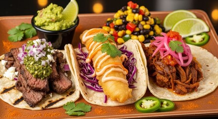Delectable assortment of gourmet tacos presented artfully on a wooden tray, featuring grilled steak, fried fish, and slow-cooked meat, complemented by vibrant guacamole, fresh lime wedges, and a...