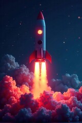 Fototapeta premium Steampunk rocket ascent, neon glow, dark background, dark, metal