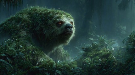 Mysterious giant sloth camouflaged with lush moss and vibrant foliage emerges from an ethereal, misty jungle at twilight.