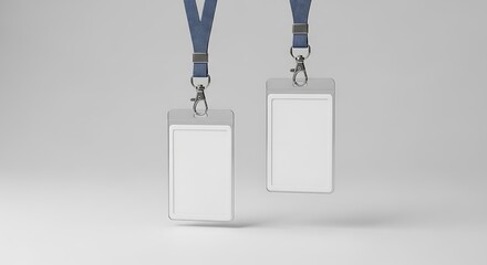 Two floating ID badges with lanyards on a gray background.