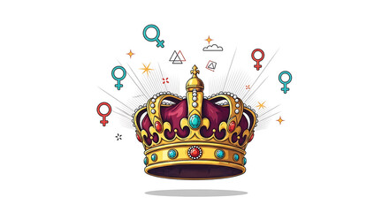 Illustration of a golden crown with jewels, surrounded by female symbols and stars on a white background.