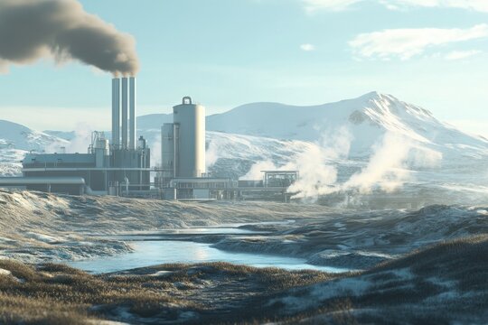 Industrial facility emitting smoke in a winter landscape with mountains in the background - Powered by Adobe