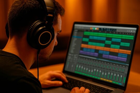 Digital Music Production. A focused audio engineer wears headphones while working on a laptop, using music production software in a home recording studio.