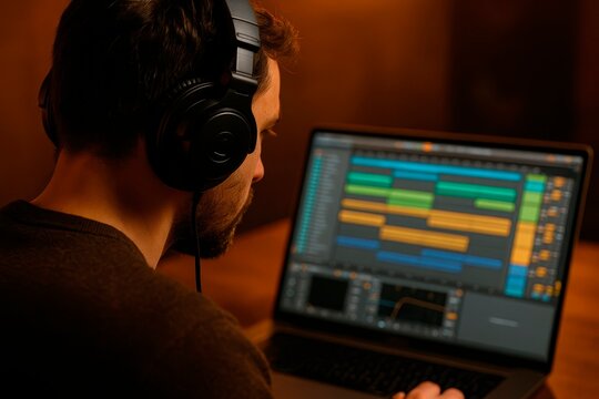 Digital Music Production. A focused audio engineer wears headphones while working on a laptop, using music production software in a home recording studio. - Powered by Adobe