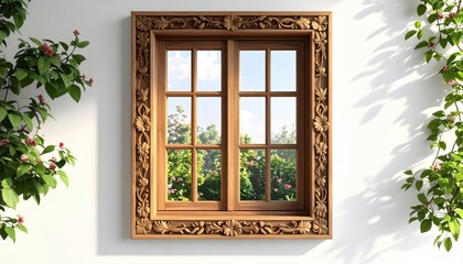 Elegant wooden window framed with intricate carvings, showcasing a lush, vibrant garden view beyond the glass panes.