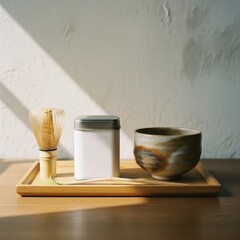 Japanese matcha tea ceremony set with blank label tin mockup.