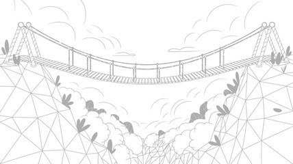 A line drawing of a suspension bridge over a valley filled with clouds and geometric mountainsides