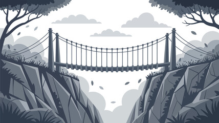 Illustration of a suspension bridge connecting two cliffs with trees and clouds in the background