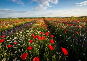 Obraz premium Vibrant panorama of a blooming meadow with poppies, daisies, and lavender under a clear blue sky