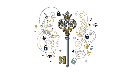 An ornate, antique key with a crown sits at the center of a whimsical, abstract design featuring swirling lines, small locks, and decorative elements.
