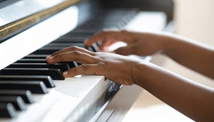 Obraz premium Focused image shows hands of a person playing a piano, fingers pressing down on the white and black keys, creating music indoors, showcasing a skill and practice.