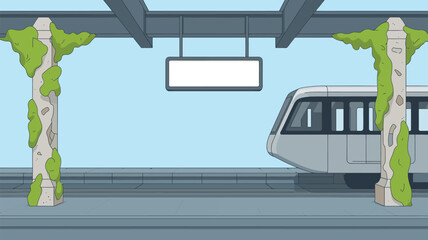Illustration of a train station with a train and columns covered in moss under a clear blue sky