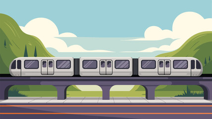 A cartoon illustration of a train on a bridge with mountains and sky in the background during daytime