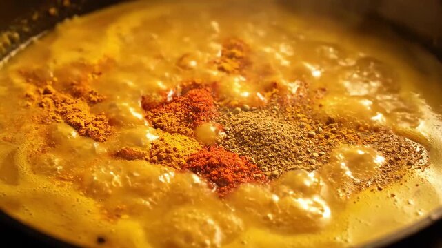 Simmering spices, including turmeric, chili powder and coriander, create a vibrant, colorful blend in a pot of simmering liquid for cooking or flavoring food.