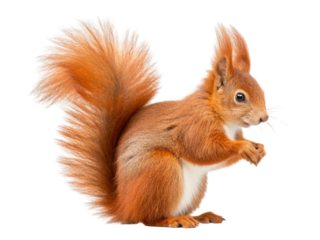 Red squirrel isolated on transparent background holding food in paws