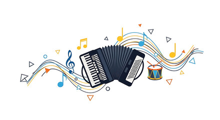 A vibrant musical composition featuring an accordion and drum with flowing colorful notes and abstract shapes.
