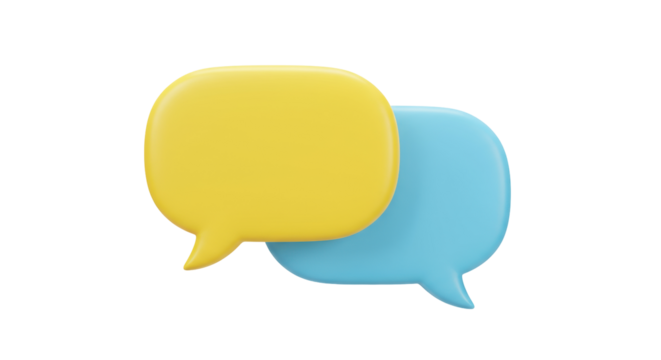 Two 3D speech bubbles PNG isolated on transparent background, yellow and blue communication icons for social media and messaging