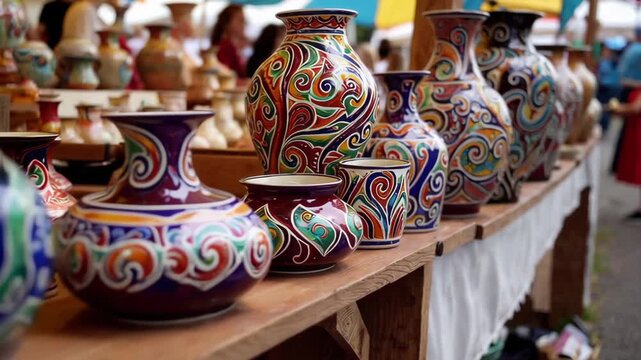 Vibrant ceramic market scene showcasing colorful pottery and artisan craftsmanship