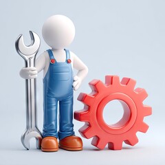 Mechanic figure holding wrench next to red gear wheel on light background