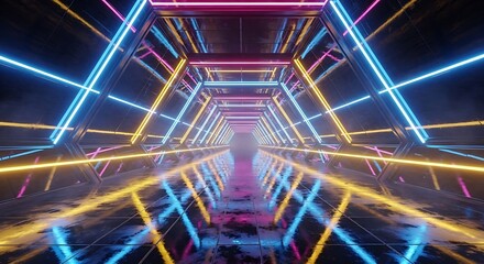 Neon illuminated futuristic passageway, colorful geometric design with glowing reflections and tiled flooring creating