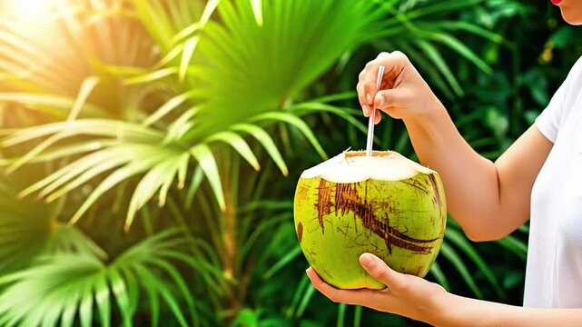 Refreshing young woman sips natural coconut water amidst lush tropical palm leaves on a sunny day, embracing vibrant vacation vibes and healthy hydration
