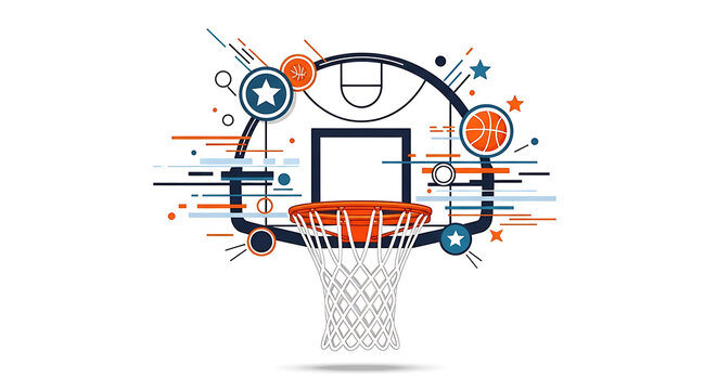 Stylized basketball hoop with net, surrounded by abstract geometric shapes, lines, stars, and a basketball, on a white background.