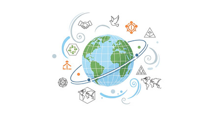 A vibrant illustration of planet Earth surrounded by a ring and various global icons representing interconnectedness and international cooperation.