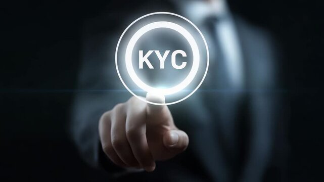 Professional Businessman Touching Virtual KYC Platform for Secure Identity Authentication, Customer Data Validation and Streamlined Onboarding in Financial Technology Solutions, Video