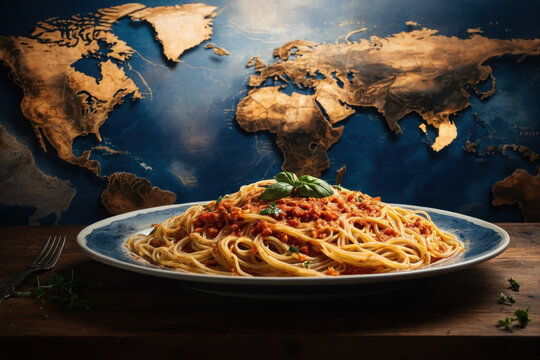 Boiled steaming Italian pasta bowl on map, postcard World Food Day AI Generative - Powered by Adobe