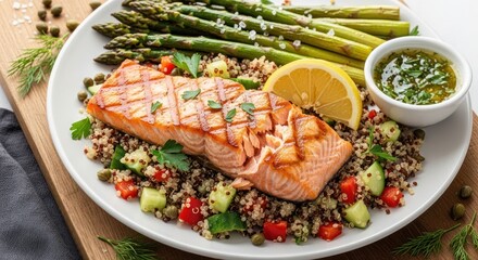 Delicious grilled salmon fillet served with quinoa, vibrant fresh vegetables including asparagus, and a lemon wedge; a healthy, appetizing meal arrangement on a white plate.