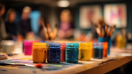 Close medium shot of colorful paint jars and brushes sharply captured on a table while creative workshop participants remain softly blurred behind them.