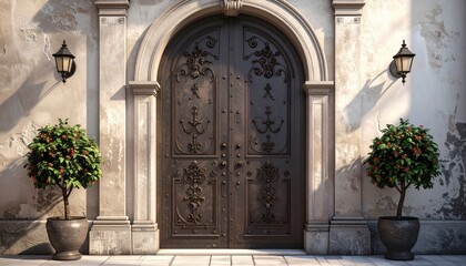 Ornate, arched wooden doors, detailed with decorative ironwork, stand as a grand entrance beneath a curved stone archway, flanked by symmetrical potted trees bearing red fruit, and antique...