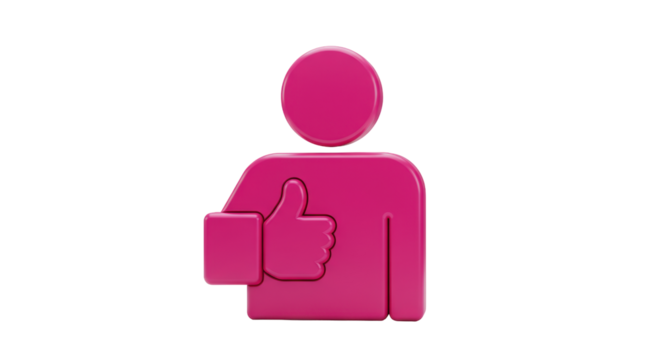 Magenta person icon with thumbs up isolated PNG, positive feedback and approval symbol on transparent background