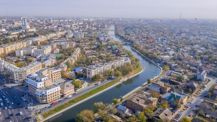 Astrakhan panoramic view in Russia, with historic center, canals, and autumn cityscape.
