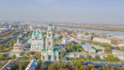 Astrakhan Kremlin, Russia, cathedral and bell tower with green domes, historic Russian Orthodox...