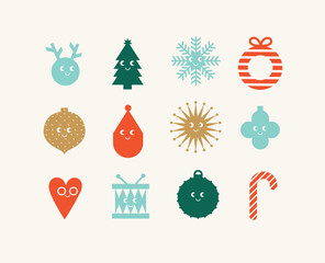 Christmas cartoon elements snow, deer, toy, tree toy, tree, snowflake, circle, heart, drum, candy drawing in cute smiling style with color on light background