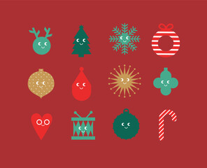 Christmas cartoon elements snow, deer, toy, tree toy, tree, snowflake, circle, heart, drum, candy drawing in cute smiling style with color on red background