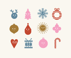 Christmas cartoon elements snow, deer, toy, tree toy, tree, snowflake, circle, heart, drum, candy drawing in cute smiling style with color on white background