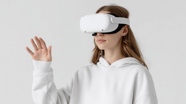 Young woman wearing VR headset, exploring virtual reality technology. Futuristic advertising banner for innovation, gaming, and digital lifestyle promotion