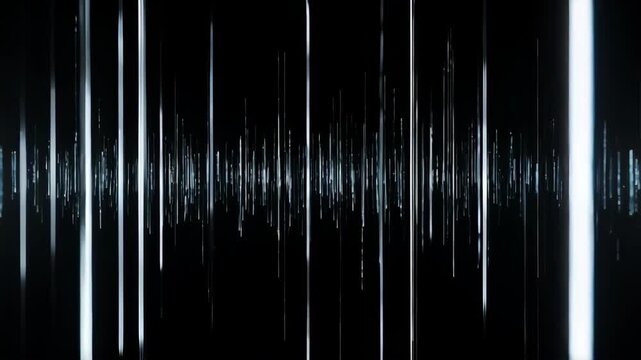 Footage of moving vertical lines on black background. Moving vertical barcode lines in space. Computer space with moving vertical lines