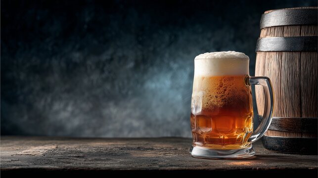 Golden Brew and Rustic Oak: A pristine pint of rich, amber beer bubbles within a clear glass mug, with a frothy head, on a rustic wooden surface and a classic oak barrel creates a perfect ambiance.