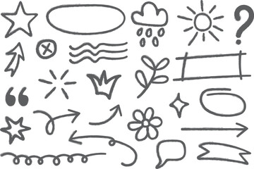 Hand drawn sketch doodle set. Hand drawn line heart, crown, star symbol highlight marker shape. Vector illustration. Hand drawn brush style doodle element set