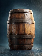 Fototapeta premium Wooden Barrel in the Rain: A classic wooden barrel, weathered with age, stands in a downpour, the textured wood and metal hoops showcasing its rustic charm. capturing vintage charm.
