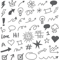 Hand drawn sketch doodle set. Hand drawn line heart, crown, star symbol highlight marker shape. Vector illustration. Hand drawn brush style doodle element set