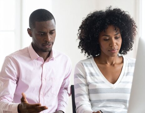 Serious African American Couple or Counselor Discussing Problem. Diverse, People, Deep, Emotional, Conversation, Generational, Relationship