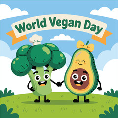 Cute Cartoon Broccoli and Avocado Holding Hands &ndash; Flat Vector Illustration for World Vegan Day
