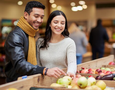 Happy Diverse Couples Shopping Together at a Farmers Market. Happy, Diverse, Couple, Shopping, Farmers Market, Lifestyle